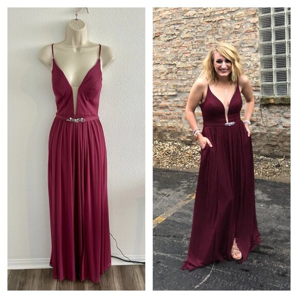 Azazie Sz‎ 6 Small Mulberry Pink A-Line Plunge Maxi Dress Gown Bridesmaid Formal - Picture 1 of 16